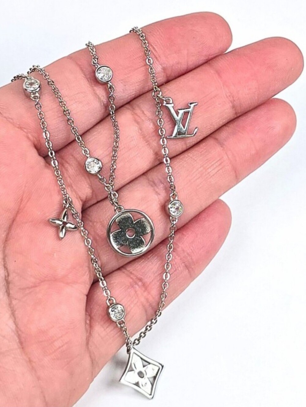 L Vuitton Double Layer Clover Necklace CZ Rhodium 925 Sterling Adjust. 45-50cm
